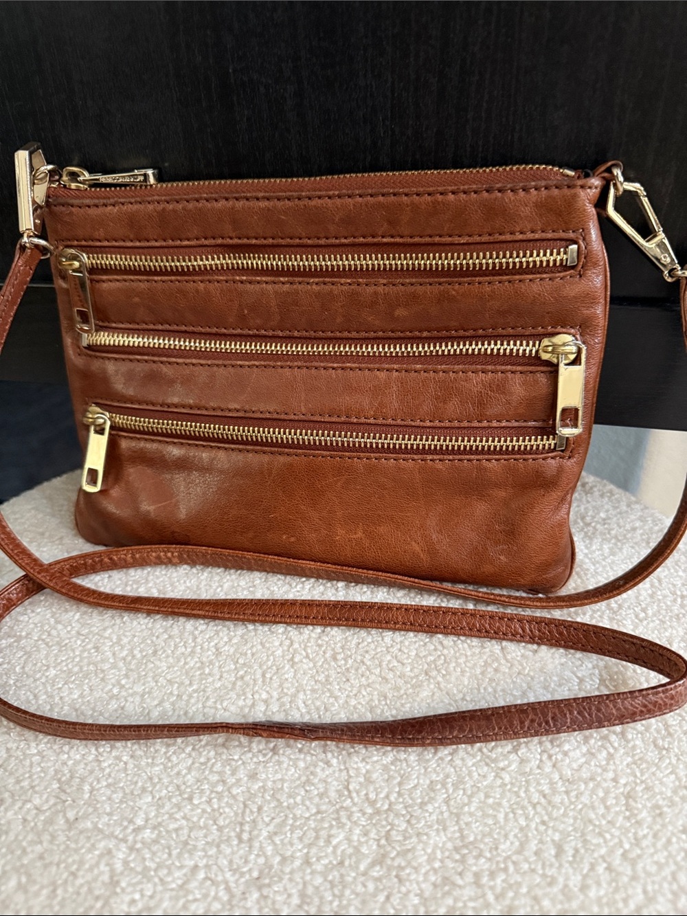 Rebecca Minkoff 3-Zip Rocker Leather Crossbody Bag with Gold Zippers